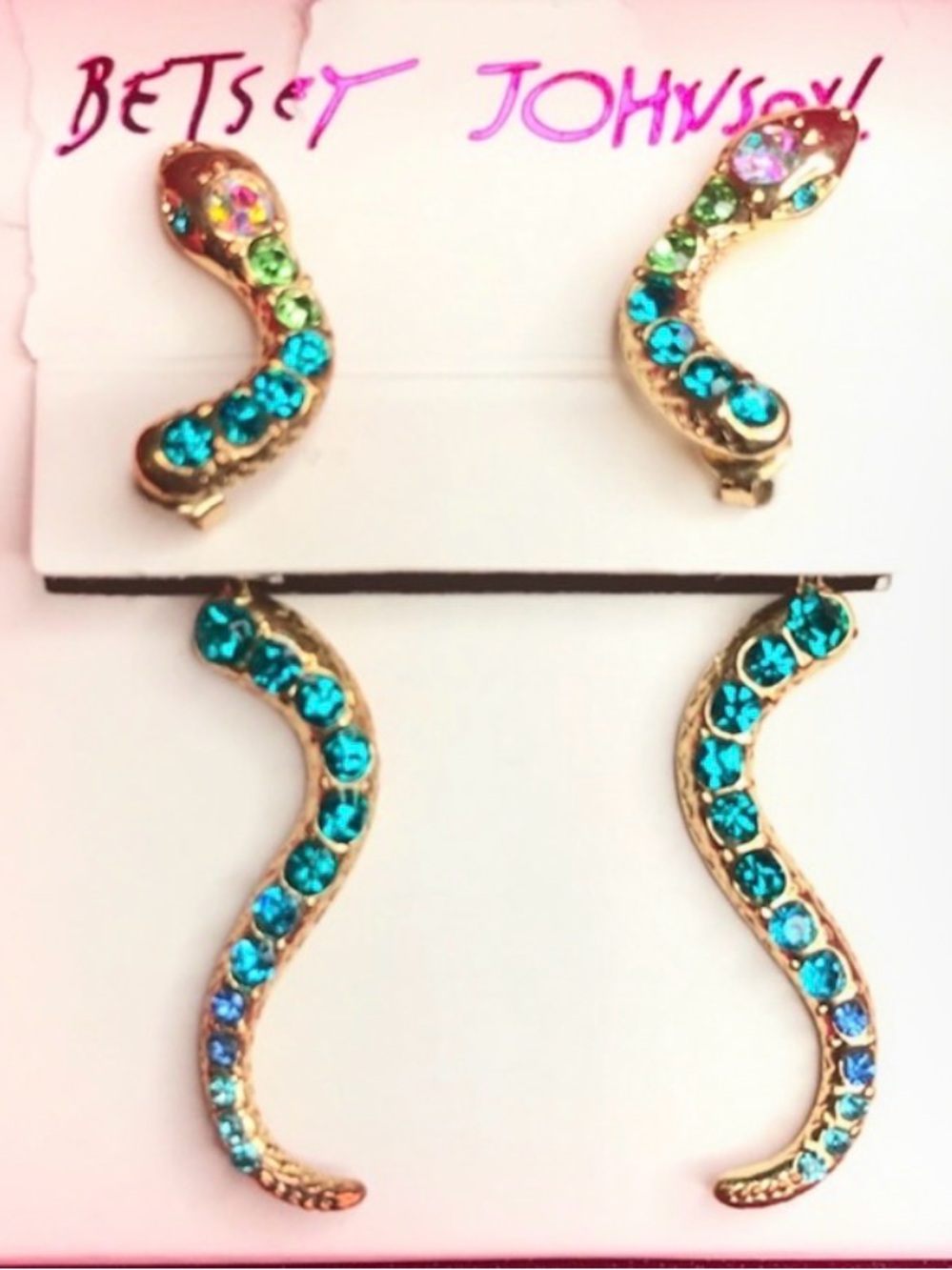 Betsey Johnson Ear Jacket Teal Crystal Snake Drop Earrings - Gold Tone